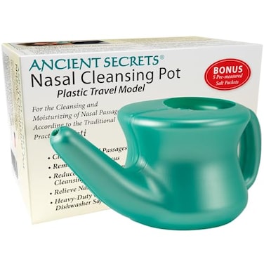 Ancient Secrets Neti Pot Sinus Rinse - Nasal Cleansing Pot, Plastic Travel Model, Nasal Irrigation, BPA-Free Neti Pot + 6 Pre-Measured Packs of Nasal Cleansing Salt