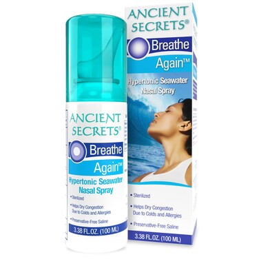 ANCIENT SECRETS Saline Nasal Spray - Breath Again Hypertonic Seawater Nasal Spray, Allergy &amp; Sinus Relief, Nasal Congestion Moisturizer, 3.38 Fl Oz