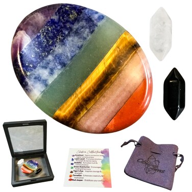 Anxiety &amp; Stress Relief Worry Stone Set with Amplifying &amp; Grounding Double Points, 7 Chakra Healing Crystal, Chakra Balancing and Meditation Stone with Premium Storage Bag, Reiki Enhanced