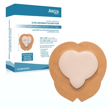Areza Medical - Silicone Foam with Super-Absorbent Layer - Wound Dressing - Waterproof - with Adhesive Border - Sterile - Designed for Sacral Wounds - 7.2" x 7.8" - 10 PCS per Box - FSA/HSA Approved