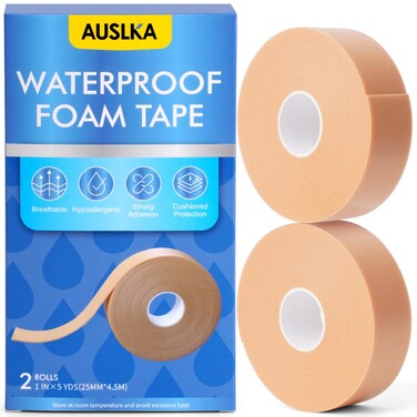 AUSLKA 2 Rolls Waterproof Foma Tape, 1 in x 5 Yds, Flexible Foam Medical Tape, Waterproof Bandages, Ideal for Medical Applications, Securing Bandages, Dressings