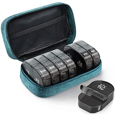 AUVON Canvas Bag Travel Pill Organizer 2 Times a Day, Large AM/PM Weekly Pill Box 7 Day Pill Case with Portable Cyan Zipper Cloth Bag for Holding Supplements, Vitamins and Fish Oils