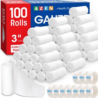AZEN 100 Pack Gauze Rolls Bandages, 3 in x 4.1 Yards, First Aid Supplies &amp; Premium Medical Supplies, Bandage Wrap Vet Wrap