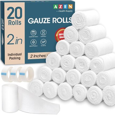 AZEN 20 Pack Gauze Rolls Bandages, 2 in x 4.1 Yards, Premium Medical Supplies &amp; First Aid Supplies, Bandage Wrap Vet Wrap