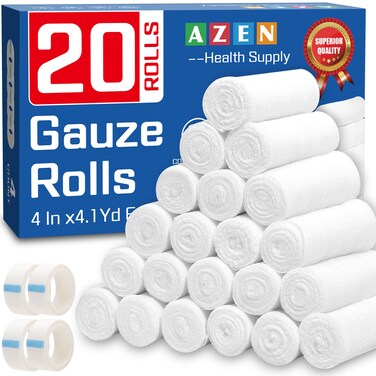 AZEN 20 Pack Gauze Rolls Bandages, 4 in x 4.1 Yards, Premium Medical Supplies &amp; First Aid Supplies, Bandage Wrap Vet Wrap, Mummy Wraps