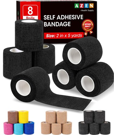AZEN 8 Pack Self Adhesive Bandage Wrap, 2" X 5 Yards Elastic Cohesive Bandage Wrap, Black Athletic Tape, Vet Wrap, Ankle Tape, Tattoo Grip Tape Wrap