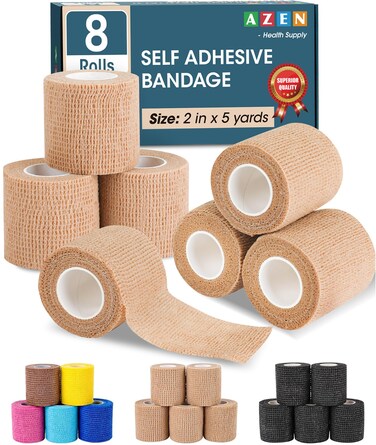 AZEN 8 Pack Self Adhesive Bandage Wrap, 2" X 5 Yards Elastic Cohesive Bandage Wrap, Skin Color Athletic Tape, Vet Wrap, Ankle Tape, Tattoo Grip Tape Wrap