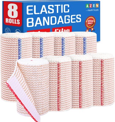 AZEN Premium 8 Pack Elastic Bandage Wrap (4x3, 4x4), Compression Wrap Bandage for Legs, Ankle, Knee, Tummy, Body, Latex-Free, Lymphedema Wraps for Legs