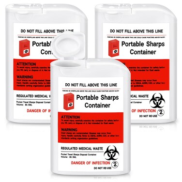 Baderke 3 Pcs Pocket Travel Sharps Disposal Container, 80ml Needle Disposal Containers Home Small Sharps Portable Biohazard Syringe Box for Home Travel Diabetic Supplies(White)