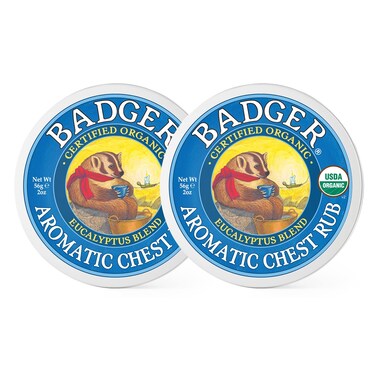 Badger Aromatic Chest Rub, 100% Organic Vaporub w/Eucalyptus &amp; Lavender Essential Oils to Clear &amp; Soothe, All-Natural Chest Congestion Relief for Adults &amp; Kids, 2 oz Tin, 2-Pack