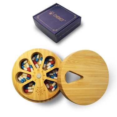 Bamboo Wood Pill Organizer for Medicine Vitamin Weekly, Arthritis Friendly 7-Day Pill Box Medium Container Holder, Daily Portable Travel Pill Case
