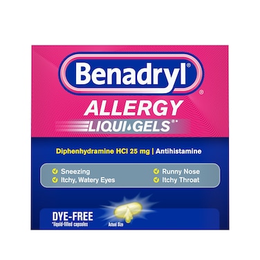 Benadryl Liqui-Gels Antihistamine Allergy Medicine &amp; Cold Symptom Relief, Dye-Free Liquid Gels with 25 mg of Diphenhydramine HCl for Symptoms Such As Runny Nose, Sneezing &amp; More, 24 ct