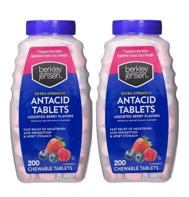 berkley jensen Extra Strength Antacid Tablets Chewable - 750mg Calcium Carbonate Antacids for Heartburn, Acid Indigestion, Upset Stomach Relief - Assorted Berry Flavor - 200 Count (Pack of 2)
