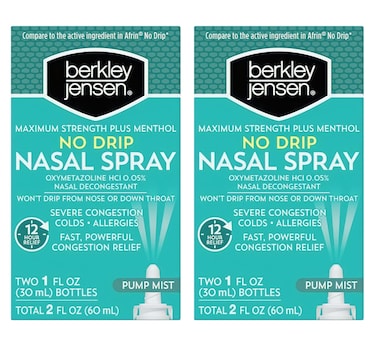 berkley jensen No Drip Severe Congestion Nasal Spray - Maximum Strength Decongestant with Oxymetazoline HCl &amp; Menthol - Pump Mist Applicator, No Steroid, 12 Hour Relief, 1 Fl Oz (Pack of 4)