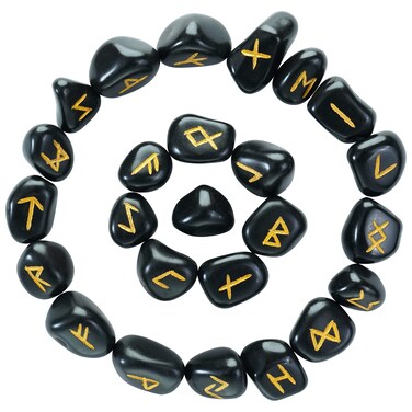 BEZAVO Black Tourmaline Rune Stones Set - Healing Crystals for Beginners, 25-Piece Elder Futhark Alphabet Stones, Norse Wicca Divination Tools, Irregular Shaped, Spiritual Kit