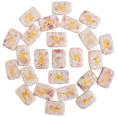 BEZAVO Sunstone Rune Stones Set with Engraved Elder Futhark Alphabet Natural Crystal Runes Stones Reiki Healing Chakra Meditation Divination Norse Pagan Gemstone Runes in Brick Shape