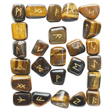 BEZAVO Tiger Eye Rune Stones Set - Healing Crystals for Beginners, 25-Piece Elder Futhark Alphabet Stones, Norse Wicca Divination Tools, Irregular Shaped, Spiritual Kit