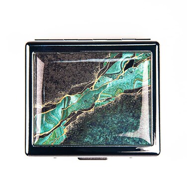 Black Green Marbel 7 Days Chromed Shiny Silver Pill Organizer with Mirror Inside Has 8 Separate Compartments Rectangle 7 Days Pill Box Pill Case