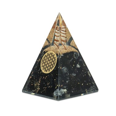 Black Tourmaline Orgone Pyramid - Orgonite Pyramid with Copper Coil and Flower of Life - Natural Healing Stone Crystal Orgone Therapy