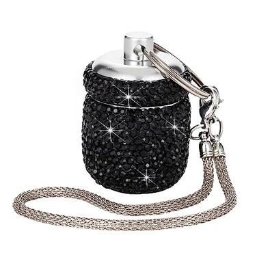 Bling Pill Organizer Travel Small Pill Case Keychain Waterproof Pill Box for Purse Portable Medicine Bottle Holder with Key Chain for Vitamin Supplement(Black)