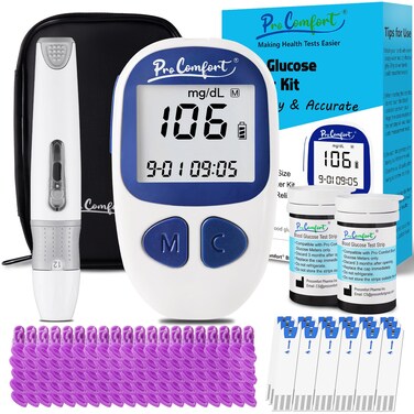 Blood Glucose Monitor Kit with 100 Test Strips &amp; 100 Lancets, Blood Sugar Monitor, Lancing Device, Blood Sugar Testing Kit, Accurate Glucometer, No Coding, Travel Size for Diabetes Care