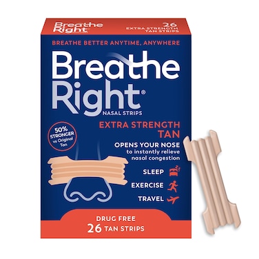 Breathe Right Nasal Strips, Extra Strength, Tan Nasal Strips, Help Stop Snoring, Drug-Free Snoring Solution &amp; Instant Nasal Congestion Relief Caused by Colds &amp; Allergies, 26 Count (Packaging May Vary)
