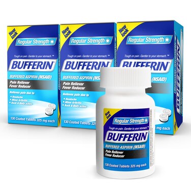 Bufferin Aspirin 325mg, Pain Reliever &amp; Fever Reducer, with 3 Buffering Agents Relieves 7 Types of Pain: Headaches, Back Ache, Arthritis, Muscle Aches &amp; More, for Adults, 130 Coated Tablets, 3 Pack