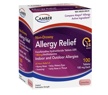Camber Fexofenadine Antihistamine Non-Drowsy Indoor Outdoor 24hrs Allergy Relief Medicine 100 Tablets