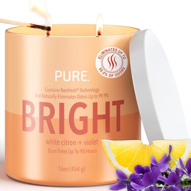 Candle-Lite Pure White Citron &amp; Violet Scented Candles, Mothers Day Gifts for Mom, Odor-Eliminating Neofresh Technology 99.9%, 16 oz 2-Wick Jar, 98 Hours Burn Time