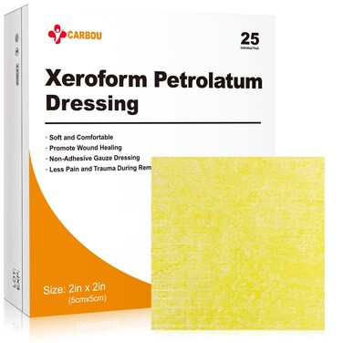 Carbou Medical Xeroform Petrolatum Dressing 2"x2", 25 Individual Pack, Non-Adherent Gauze Pads, Soft Fine Mesh Gauze Patch for Wound Care, Burns, Lacerations, Skin Grafts &amp; Surgical Incisions
