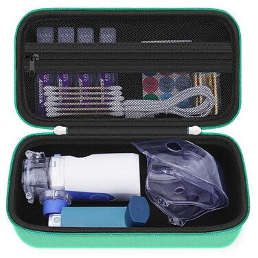 Carrying Case for Portable Handheld Inhaler Nebulizer Machine for Adults, Asthma Inhaler Travel Case, Inhaler Spacer Bag with Mesh Pocket for Saline Solution,Cable, Green (Case Only)