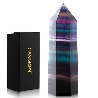 CASMON Large Healing Crystal Wands 3.9"-4.3"(10-11cm), Natural Colorful Fluorite Obelisk Crystal Tower Stone, 6 Faceted Single Healing Crystal Point for Reiki Chakra Meditation Therapy (1PC)