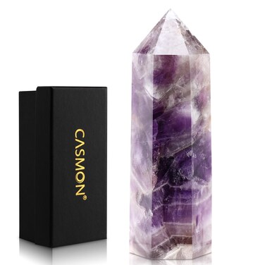 CASMON Large Healing Crystal Wands 3.9"-4.3"(10-11cm), Natural Dream Amethyst Obelisk Crystal Tower Stone, 6 Faceted Single Healing Crystal Point for Reiki Chakra Meditation Therapy (1PC)