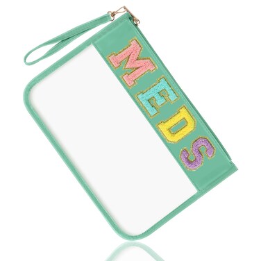 Chenille Letter Bag Clear MEDS Makeup Pouch, Preppy Patch Small Medicine Bag Travel Drugs Pills Zipper Pouch with Wristlet, Waterproof Portable Meds Bag Storage Organizer for Patient Nurse(MEDS-Green)