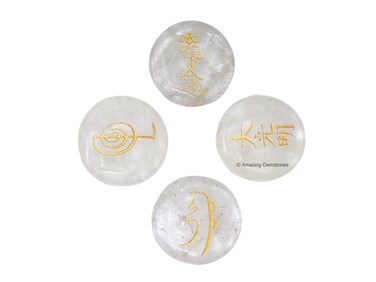 Clear Quartz Crystal Reiki Stones with Engraved Symbols for Usui Reiki Healing, Set of 4 Pcs (Indian Handmade Reiki Gift Set)