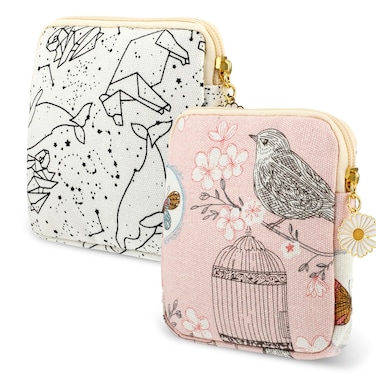 cobee 2PCS Sanitary Pad Storage Bag, Cute Sanitary Napkin Storage Purses Portable Period Bag with Daisy Zipper Panty Liner Tampon Menstrual Cup Nursing Pad Holder Pouch for Girls Women Travel(Bird)