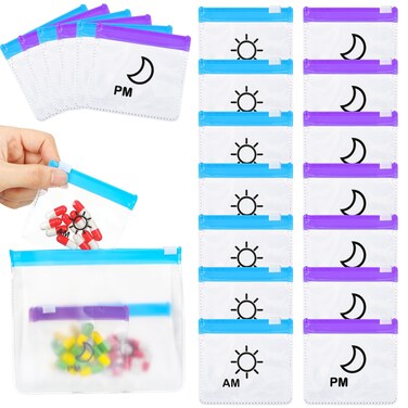 Colarr 14 Pcs AM PM Pill Pouches Bags Reusable Zippered Day and Night Pill Organizer with Slide Lock for Travel Medicine Case, 1 Large 14 Small(Blue, Purple)