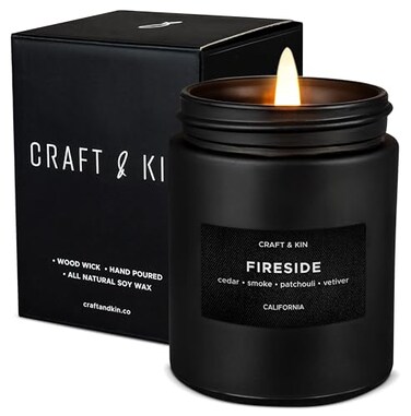 Craft &amp; Kin Premium Smokey Fireside Candle   Scented Candles for Men   Men Candles with Wood Wicked   Long Lasting with 45 Hour Burn Time - 7.6oz
