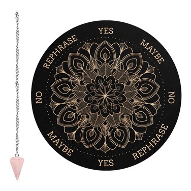 CRASPIRE Pendulum Board Datura Flowers Dowsing Divination Metaphysical Message Board 7.9Inch Wooden Carven Board with Rose Quartz Crystal Dowsing Pendulum Witchcraft Wiccan Altar Supplies Kit