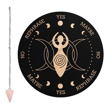 CRASPIRE Pendulum Board Goddess of The Moon Dowsing Divination Metaphysical Message Board 7.9Inch Wooden Carven Board with Rose Quartz Crystal Dowsing Pendulum Witchcraft Wiccan Altar Supplies Kit