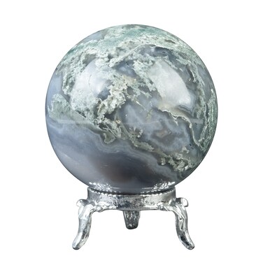 Crocon 45mm Moss Agate Stone Sphere Ball with Metal Stand 1400+ Carats Gemstone Ball Healing Sphere Sculpture Figurine for Fengshui Divination Home Decoration Photography Crystal Sphere
