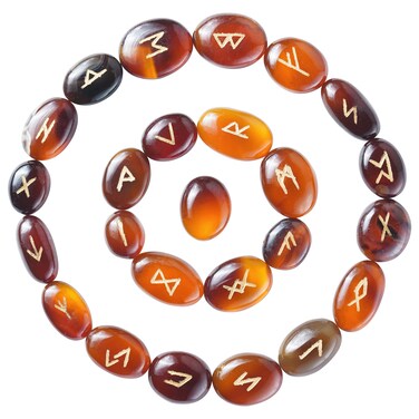 Crocon Brown Onyx Stone Handmade Rune Stones with Elder Futhark Alphabet Engraved 25 pcs Runes Stones Crystal Set for Beginners Reiki Healing with a Pouch &amp; Rune Good Luck Viking Runes Stones Gift