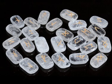 Crocon Clear Quartz Rectangle Shape Gemstone Runes with Elder Futhark Alphabet Engraved 25 pcs Rune Set Crystal Divination Metaphysical Healing Chakra Reiki Runes Set with a Pouch  Size : 20-25mm