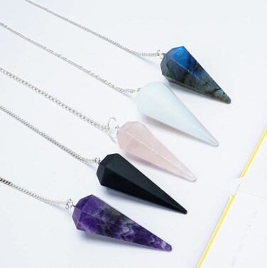 Crocon Healing Crystal Pendulum (Set of 5) for Dowsing Divination 6 Faceted Pointed Healing Reiki Quartz Witch Wicca Dowsing Balancing Spiritual Gemstone Point Pendant Pendulums
