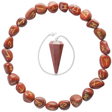 Crocon Red Jasper Tumbled Gemstone Engraved Rune Stones Set (25 Pcs) 950+ Carats with Elder Futhark Alphabets &amp; 1 Pendulum Meditation Healing Set Size: 15-20 mm
