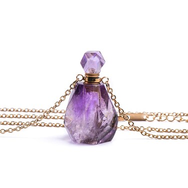 Crystal Necklace Gemstone Perfume Bottle Pendant Necklace for Women, Natural Healing Stone Essential Oil Diffuser Necklace Jewelry(Amethyst)
