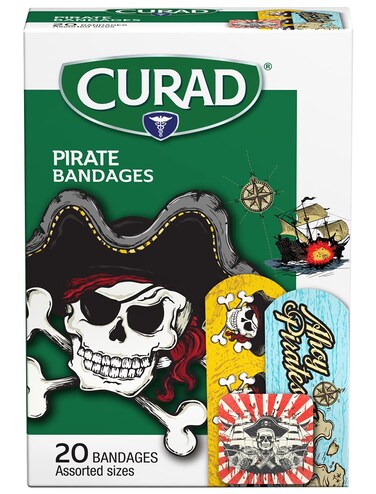 CURAD Kids Adhesive Plastic Bandages, Pirate Design, Perfect for Minor Cuts and Scrapes, Assorted Sizes, 20 Counts, Pack of 6