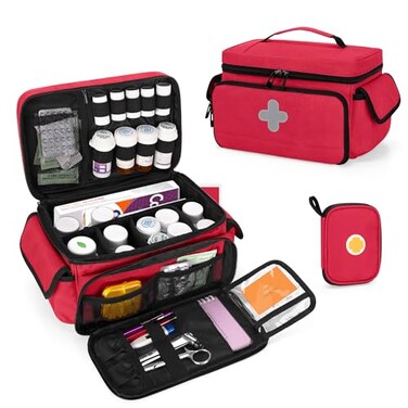CURMIO Medicine Storage Bag Empty, Lockable Pill Bottle Organizer with Portable Zippered Pouches for First Aid Kits, Medicine Box for Home and Travel, Red (Patent Pending)