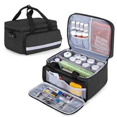 CURMIO Pill Bottle Organizer Storage, Medication Lock Box for Pill Organizer and Medical Supplies, Black (Patented Design)