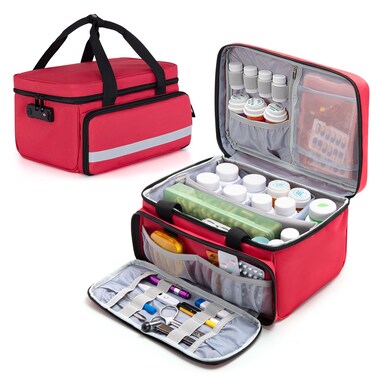 CURMIO Pill Bottle Organizer, Medicine Bag with Lock for Prescription Bottles and First Aid Kits, Red (Patented Design)